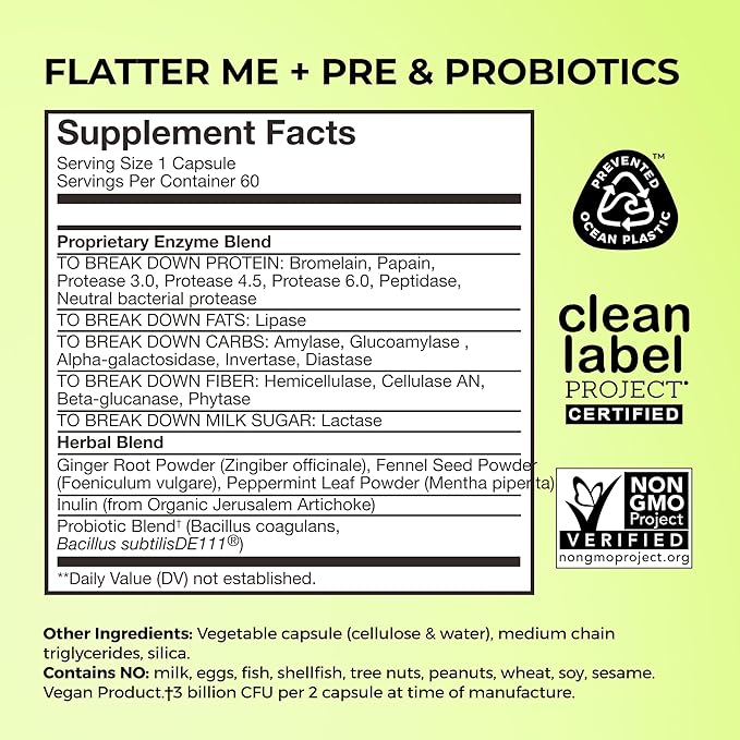 HUM Flatter Me Digestive Enzymes Plus Prebiotics & Probiotics, Digestive Health Bloating Supplement for Women & Men, Fast Acting Anti Bloat Pills Multi Enzyme for Debloating, Vegan, 60 Capsules