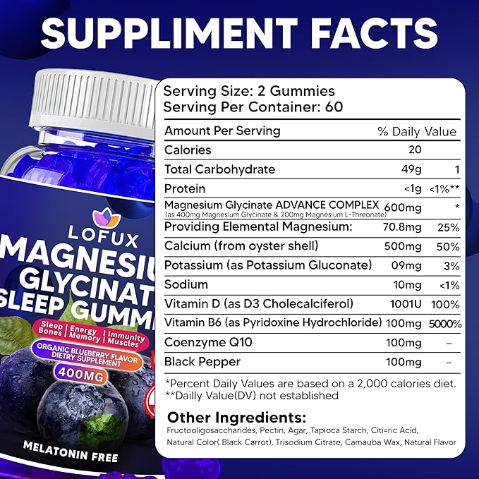 Lofux Magnesium Glycinate Gummies 400mg, Sugar Free Magnesium Gummies for Adults Women, Men, Chewable Supplement Gummy with L-Threonate, Vitamin D, B6, CoQ10 - for Calm, Sleep, Body Relaxation, 60 Ct
