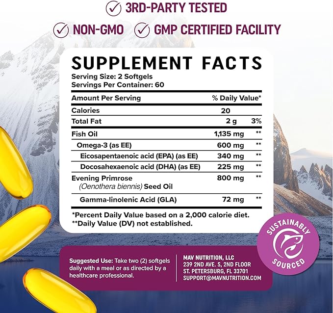 Fish Oil Omega 3 Supplements for Women | DHA + EPA | Heart Health, Hormone Balance, Skin & Wellness Support | 600MG Omega3 + 800MG Evening Primrose Oil | Omega 3 Supplement for Women | 120 Ct.