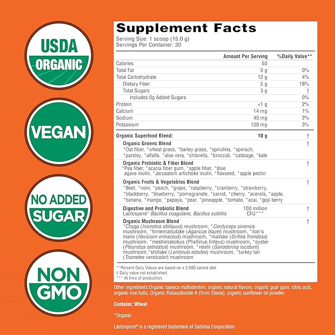 Country Farms Super Greens Pineapple-Mango Flavor, 50 Organic Super Foods, USDA Organic Drink Mix (Wheat Grass, Spirulina, Chlorella) Mushrooms & Probiotics, with Fiber, Natural Energy, 30 Servings