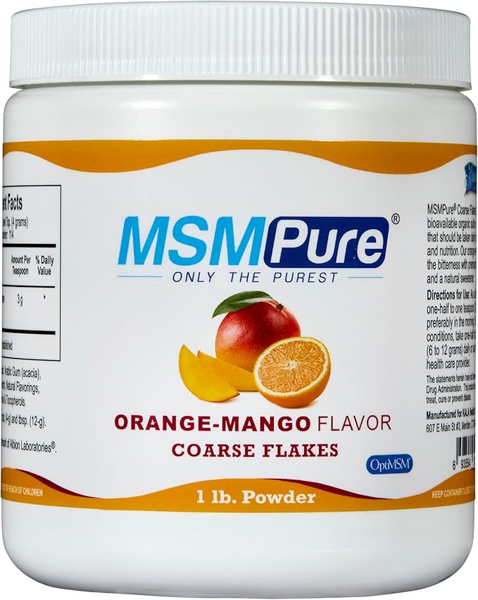 KALA HEALTH MSMPure Orange Mango Flavored Coarse MSM Powder Flakes – US-Made MSM for Joint Health, Skin Appearance, and Hair & Nail Support – 1 lb, Organic Sulfur