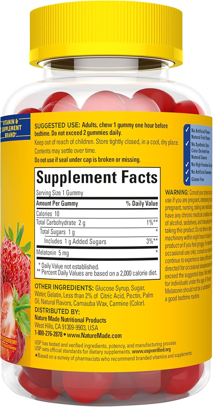 Nature Made Melatonin 5mg Adult Melatonin Gummies, 100% Drug Free Sleep Aid, 70 Gummies, Extra Strength Nature Made Melatonin