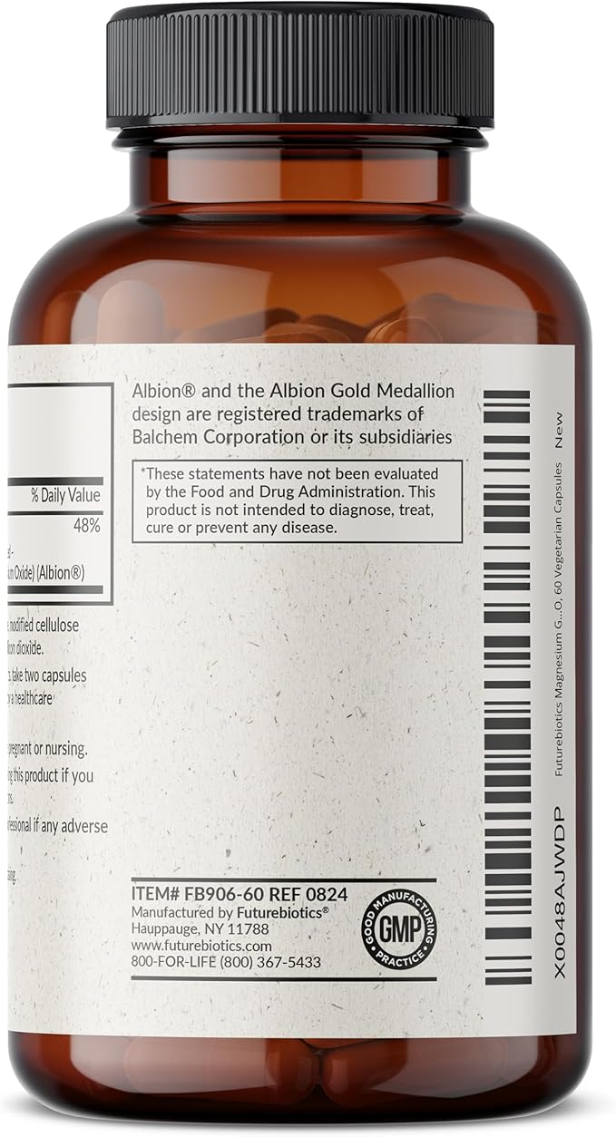Futurebiotics Magnesium Glycinate 200 MG per Serving Chelated for High Absorption, Gentle On Stomach, Non-GMO, 60 Vegetarian Capsules