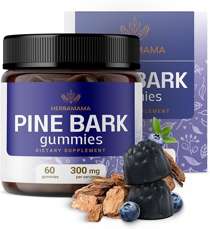 HERBAMAMA Pine Bark Extract Gummies - 300mg French Maritime Pine Bark Tree for Antioxidant Support - Vegan, Non-GMO Pinus Pinaster Supplement - 60 Pectin-Based Blueberry-Flavored Chews