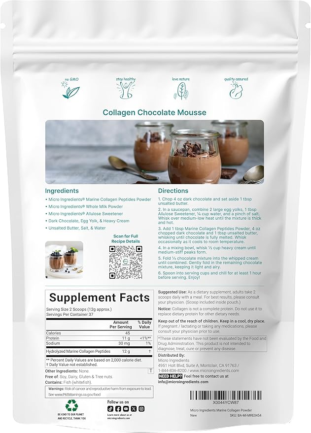 Micro Ingredients Marine Collagen Peptides Powder, 1 lb | Type I Marine Collagen + Natural Protein | Wild-Caught Fish Source | Unflavored | Pescatarian, Non-GMO