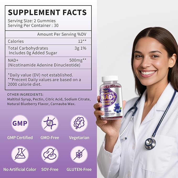 （2 Pack） NAD Gummies Supplements for Women, Pure 500mg NAD - Cell Regeneration, Energy & Metabolism Support, Vegan,Sugar Free, Additives Free, Blueberry Flavor