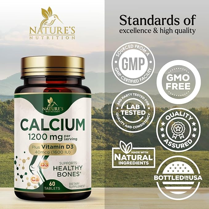 Calcium 1200 mg with Vitamin D3 Per Serving - Bone Health Supplement, Vitamin D & Calcium Supplements for Women & Men - Bone, Teeth & Immune Support, Nature's Calcium Pills, USA Bottled - 60 Tablets