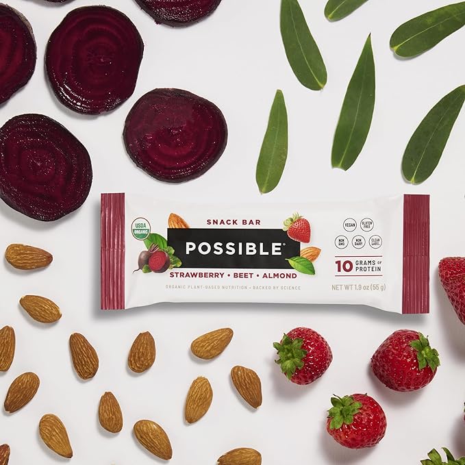 POSSIBLE Snack Bar - Whole Food Snack to Support a Healthy & Active Lifestyle - 10g of Organic Plant-Based Protein - Energy Support with Healthy Fats - Strawberry Beet Almond, 12 Count (Pack of 1)