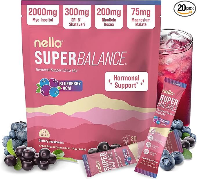 Nello Superbalance Hormonal Support Drink Mix, SRI-81 Shatavari, Myo-Inositol, Rhodiola Rosea, Vitamin C, Magnesium, Theobromine, Blueberry Acai (Pack of 20)
