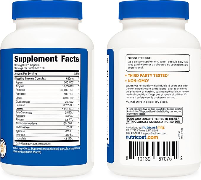 Nutricost Digestive Enzymes 620mg, 120 Veggie Capsules (2 Bottles) - Complete Digestive Enzyme Supplement