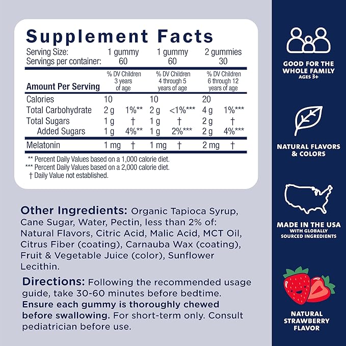 Mommy's Bliss Kids Sleep Gummies with Melatonin, Support Your Natural Sleep Process, Age 3 Years to Adults, Strawberry Flavor, 1G of Sugar, 60 Gummies (Pack of 3)