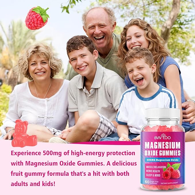 Magnesium Oxide 500mg Gummies for Vegan Sugar-Free Raspberry Flavor, Muscle Recovery, Nerve Health & Relaxation, 60 Gummies (Non-GMO, Gluten & Allergen Free)