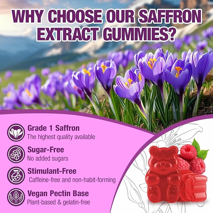 Saffron Gummies (88.5 mg) with Magnesium — Enhanced with St. John’s Wort, Rhodiola, Ashwagandha & Vitamins B6, B12, D3 for Mood & Focus Support — 60 Count