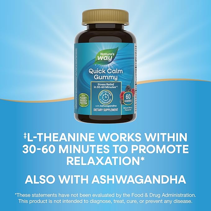 Nature's Way Quick Calm Gummies, L-Theanine for Relaxation*, Fast-Acting, Stress Relief from L-Theanine Within 30-60 minutes*, with Ashwagandha, Vegetarian, Mixed Berry Flavored,  60 Gummies