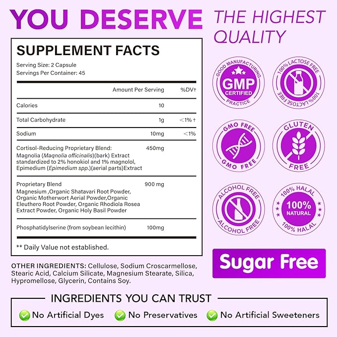 Cortisol Supplements for Women - Cortisol Reducer & Stress Support - Magnolia Bark, Rhodiola Rosea, Holy Basil, Magnesium, Phosphatidylserine - Hormone Balance & Mood, Focus, Sleep Support