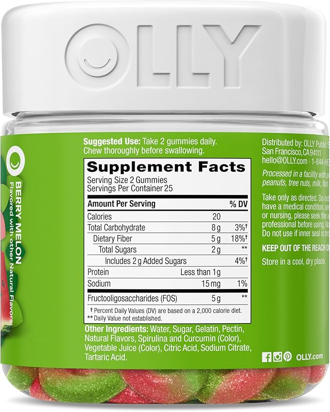 OLLY Fiber Gummy Rings, 5g Prebiotic Fiber, FOS (Fructo-oligosaccharides), Digestive Support, Berry Melon 50ct