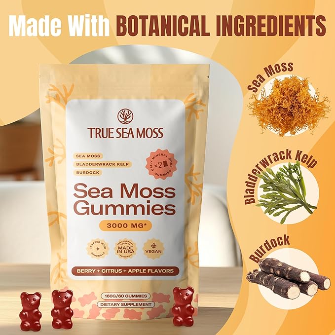 TrueSeaMoss Gummies 3000mg – Irish Sea Moss with Bladderwrack & Burdock Root – 3-in-1 Formula – Fruity Flavor – 60 Gummies
