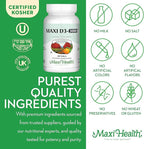 Maxi Health Vitamin D3 3000 IU 75 mcg Vitamin D Supplement for Healthy Bones, Teeth, Immune Support - VIT D3 Supplement Easy to Swallow Non-GMO, Supplement for Men and Women – Kosher (180 Tablets)