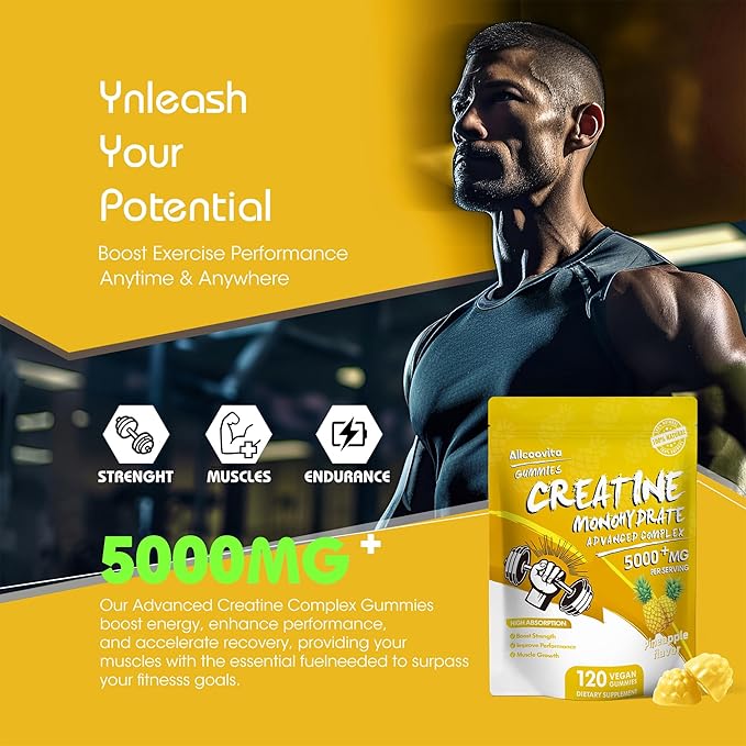 NSF Certified Creatine Gummy - Creatine Monohydrate Gummies 5000mg for Men & Women -120 Gummies Advanced Formula, Muscle Strength, Muscle Builder, Energy Boost, Pre-Workout Supplement-Pineapple