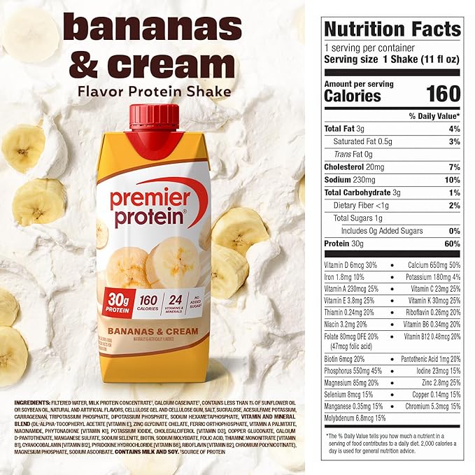 Premier Protein Shake, Bananas & Cream, 30g Protein, No Added Sugar, 24 Vitamins & Minerals to Support Immune Health, 11 fl oz, 4 Pack (Packaging May Vary)