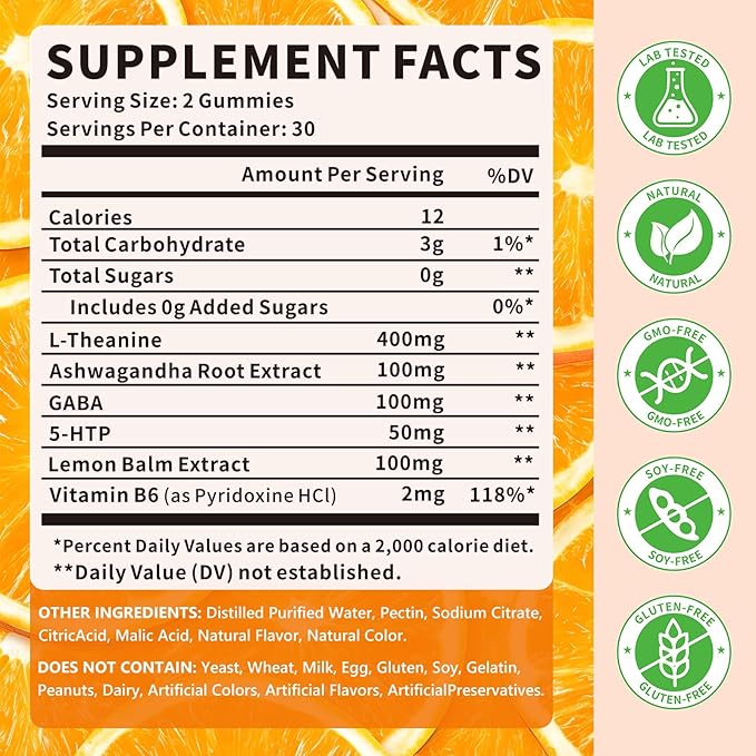 L-Theanine Gummies, Chewable L-Theanine Supplement for Adults & Kids 400mg with Ashwagandha, GABA, 5HTP for Relax, Zzz & Focus Support, Orange Flavor, 120 Counts