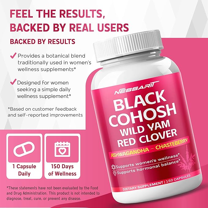 Black Cohosh 9,600mg* – Hormonal Balance Support with Wild Yam, Red Clover, Ashwagandha, Chasteberry & More – 150 Capsules