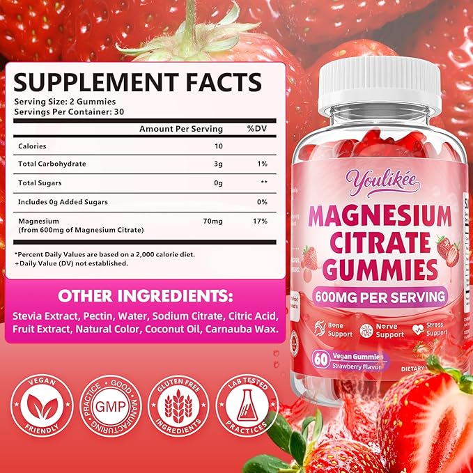 Magnesium Citrate Gummies, High Absorption Magnesium Gummies for Adults, Magnesium Supplement to Support Natural Relaxation, Vegan, Sugar-Free, Strawberry Flavor, 60 Count