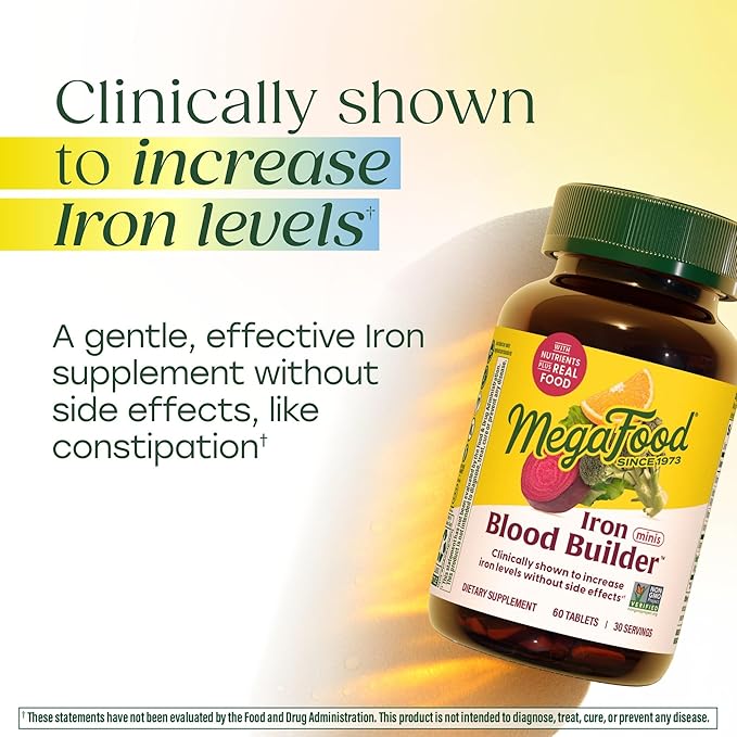 MegaFood Blood Builder Iron Supplement for Women & Men - Increase Iron Levels Without Side Effects - Combats Fatigue - Vitamin B12, Folic Acid & Vitamin C - Vegan - 72 Mini Tablets (36 Servings)
