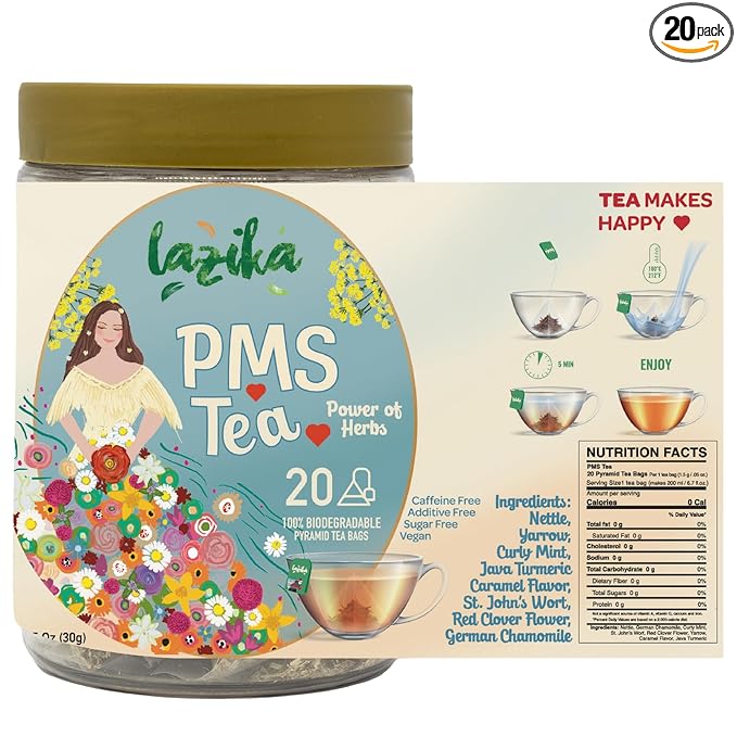Lazika PMS Tea for Hormone Balance, Herbal Tea for Healthy Menstural Cycle, 20 Pyramid Teabags, Period Relief and PMS Support for Women, Caffeine Free, Chamomile, Fennel