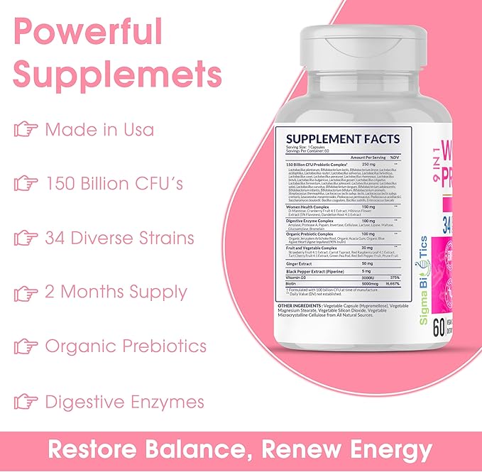 Women's Probiotics 150 Billion CFU – 34 Strains with Organic Prebiotics & Digestive Enzymes – Urinary Tract & Digestive Health – 60 Vegan Capsules with D3 and Biotin – Gluten-Free, Non-GMO, Dairy-Free