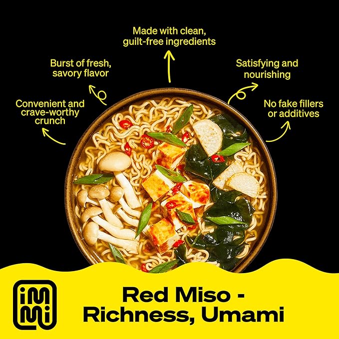 Immi Spicy Red “Miso” Ramen – Improved Taste, Better Texture & More Protein – Vegan, High Protein Ramen Noodles – Low Carb, Zero Sugar – Healthy Keto-Friendly Ramen Bowl, 6-Pack