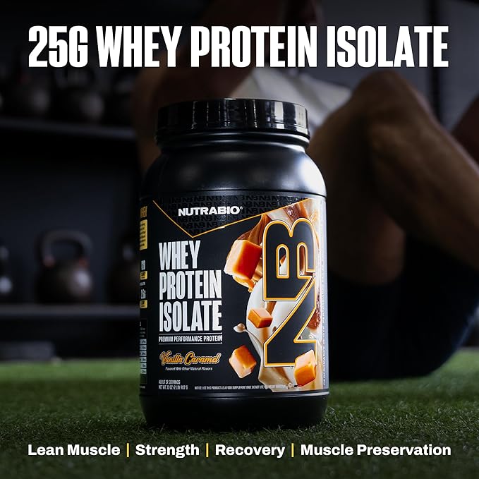 NutraBio 100% Whey Protein Isolate Protein Powder, 25g Protein with Complete Amino Acid Profile, Non-GMO, Soy & Gluten Free, Low Carb, Low Calorie Whey Protein Powder, Vanilla Caramel, 2 Lbs