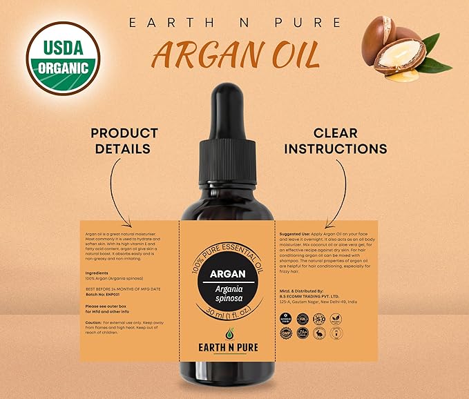 Earth N Pure Argan Oil for Hair Styling, Hair Growth, Hairfall Control - Natural and Therapeutic Grade 100 ml