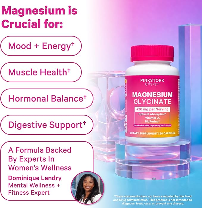 Pink Stork Magnesium Glycinate with Vitamin D - Magnesium Supplement for Women to Support Natural Calm, Mood, and Sleep - Hormone Balance for Women - 60 Capsules, 1 Month Supply