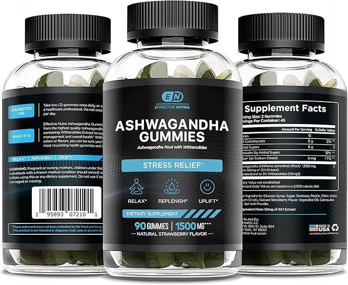 Effective Nutra Ashwagandha Gummies 1500mg – Extra Strength Stress & Sleep Support – 90-Day Supply, Just 2 Gummies Daily – Vegan, Non-GMO, Third-Party Tested – Made in USA (2-Pack)