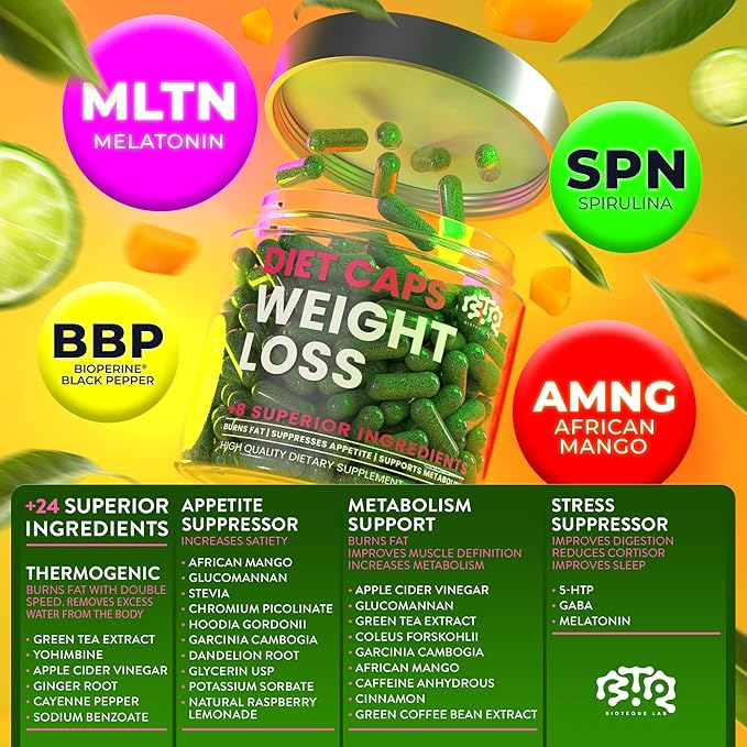 Weight Loss Diet Capsules, Natural Appetite Suppressant, Day & Night Fat Burner for Women & Men with Apple Cider, Green Coffee Bean Extract, Metabolism Booster Supplement - 60 Pills