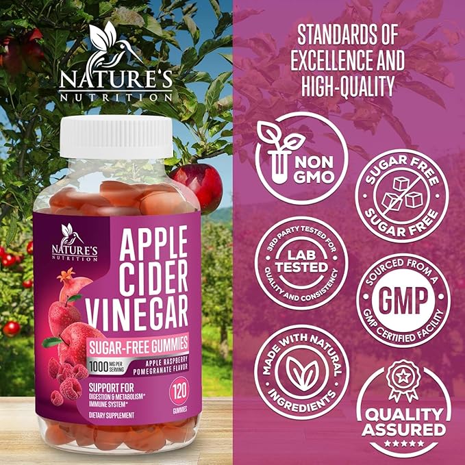 Apple Cider Vinegar Gummies 1000mg per Serving - Sugar Free Max Strength ACV Gummy Vitamins Supplement, Advanced Formula, Vitamin B12 Supports Metabolism & Energy, Keto Friendly, Vegan, 120 Gummies