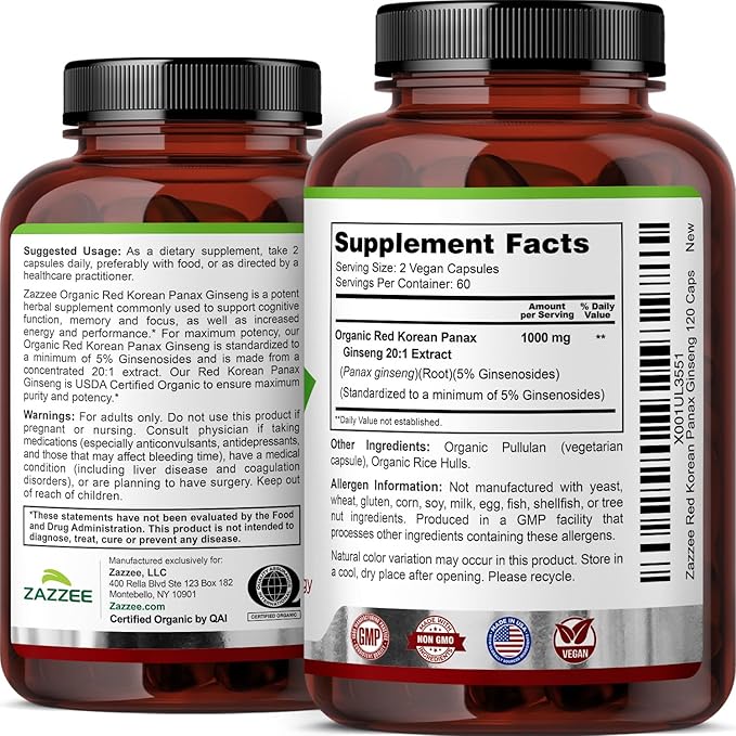 Zazzee USDA Organic Red Korean Panax Ginseng 20:1 Extract, 1000 mg, 5% Ginsenosides, 120 Vegan Capsules, Standardized and Concentrated 20X Root Extract, 100% Vegetarian, All-Natural, Made in the USA