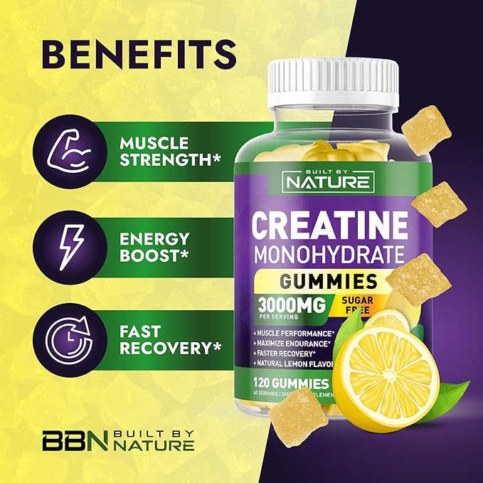 Built by Nature Sugar Free Creatine Monohydrate Gummy for Men and Women – Muscle Strength & Energy Boost Pre Workout - Natural Lemon Flavor - 120 Gummies
