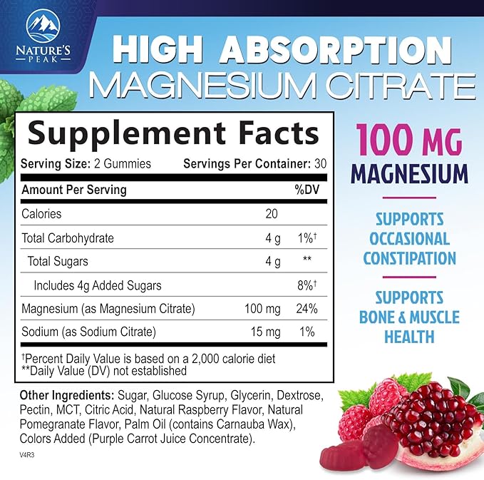Magnesium Citrate Gummy - High Absorption Magnesium Gummies for Adults & Kids - Enhanced Bioavailability Form Mag Citrate Supplement - Improved Vegan Formula - Delicious Raspberry Flavor - 60 Gummies