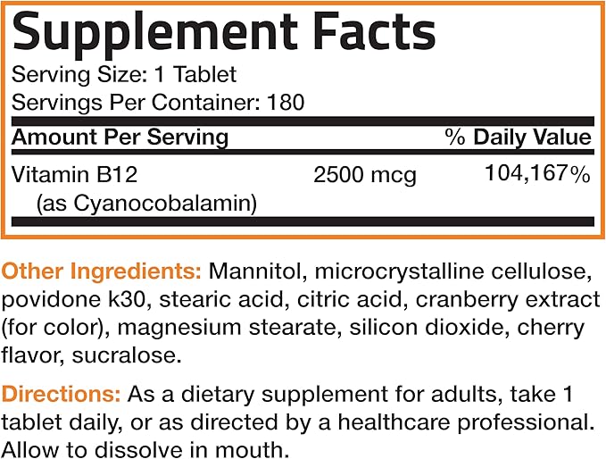 Vitamin B12 2500mcg Shot Of Energy Fast Dissolve Chewable Tablets - Quick Release Cherry Flavored Sublingual B12 Vitamin - Supports Nervous System, Healthy Brain Function Energy Production – 180 Count