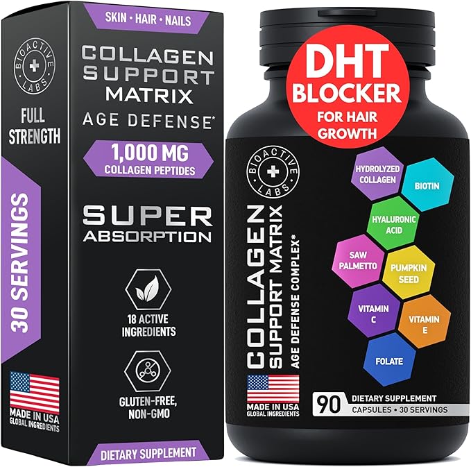 Age Defense Beauty Collagen Matrix - 2,000mg Multi Collagen Biotin Keratin Hyaluronic Acid Saw Palmetto Supplement Complex - DHT Blocker for Men & Women for Hair Growth - 2-PACK, 180 Gluten-Free Caps