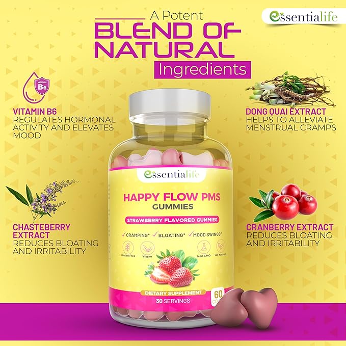 PMS Gummies - Happy Flow PMS Support Supplement for Women - Strawberry PMS Relief Supplement with Vitamin B6 for Hormone Balance, Period Support, Cramps, Hormonal Acne & Bloating Relief (60 Count)
