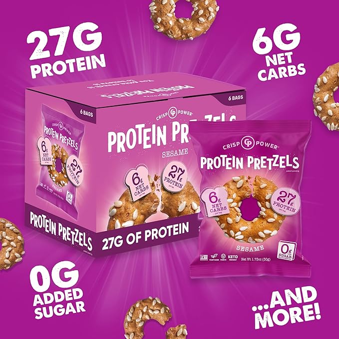 CRISP POWER Protein Pretzels, Sesame, 27G Protein, High Protein Snack, High Fiber, Low Carb Crunchy Pretzel Snacks, No Added Sugar, 1.75 oz Bags, 6 Pack, Vegan, Keto