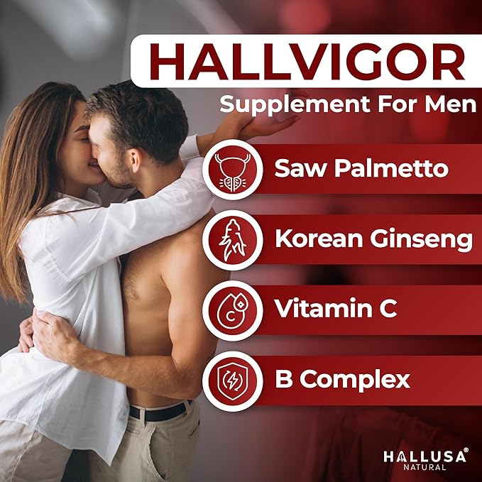 "N/A" HALLVIGOR Men’s Daily Multivitamin – Korean Ginseng, Damiana, Saw Palmetto, Biotin, B Complex, Zinc, Royal Jelly – 60 Capsules – Hallusa Natural