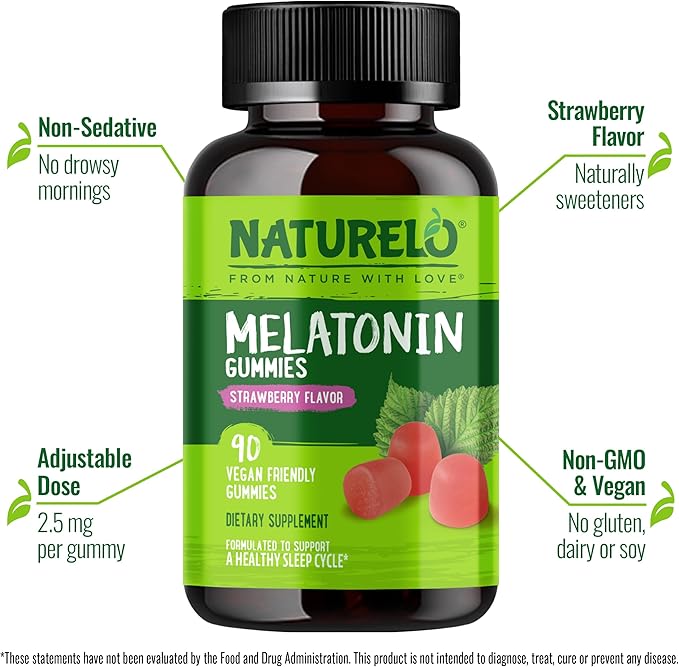NATURELO Melatonin Gummies – Non-GMO, Gluten-Free, Soy Free - Strawberry Flavor - Gentle Sleep Supplement - 180 Vegetarian Gummies (Pack of 2)