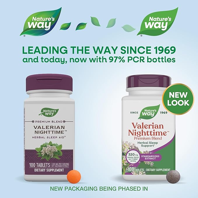 Nature's Way Valerian Nighttime Premium Blend, Herbal Sleep Support Supplements*, 320 mg of Valerian Extract per 2-tablet serving, Gluten-Free, 100 Tablets (Packaging May Vary)