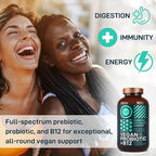 Vegan Probiotic Plus B12 & FOS - 22 Billion CFU Synbiotics Prebiotics and Probiotics for Digestive Health, IBS, Mood Support - B12 Pre Pro Post Biotics for Women & Men - 60 Gluten-Free Capsules