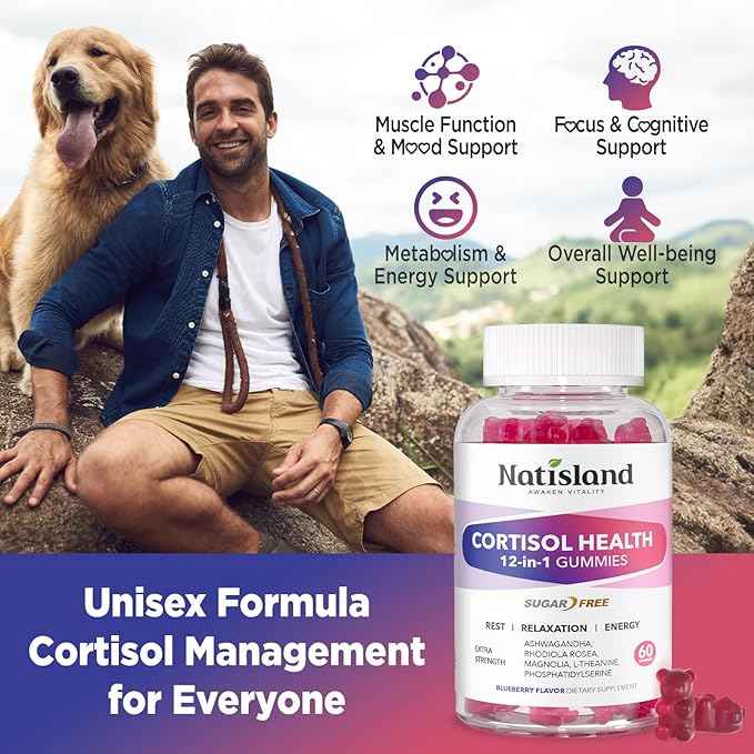 Cortisol Gummies, 12-in-1 Cortisol Reducer, with Magnesium Glycinate, Ashwagandha, L-Theanine, Phosphatidylserine, Vitamin B6 & D3, Rhodiola Rosea, for Men & Women, Sugar-Free, Vegan, NON-GMO, 60CT