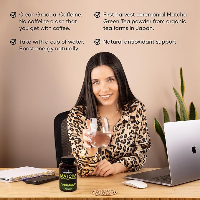 Organic Matcha Green Tea Capsules - Natural Energy Boost - Clean Gradual Caffeine - Japanese Matcha Green Tea Pills - 100% Natural Antioxidant - Calming and Relaxing - 120 Daily Capsules - 2,000/mg